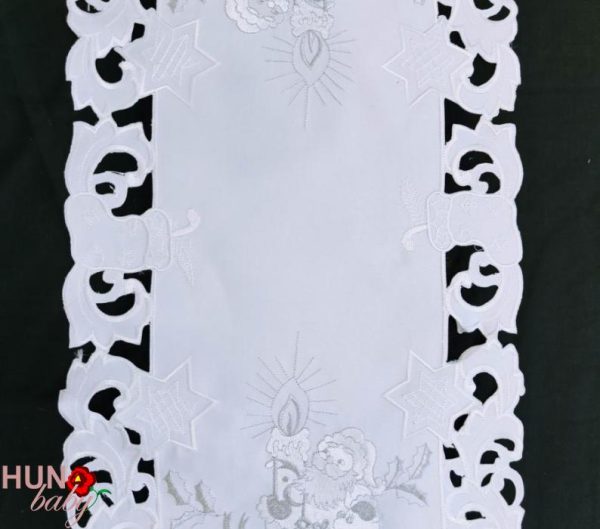 Karácsonyi terítő gépi fehér télapós macis 85x35 cm